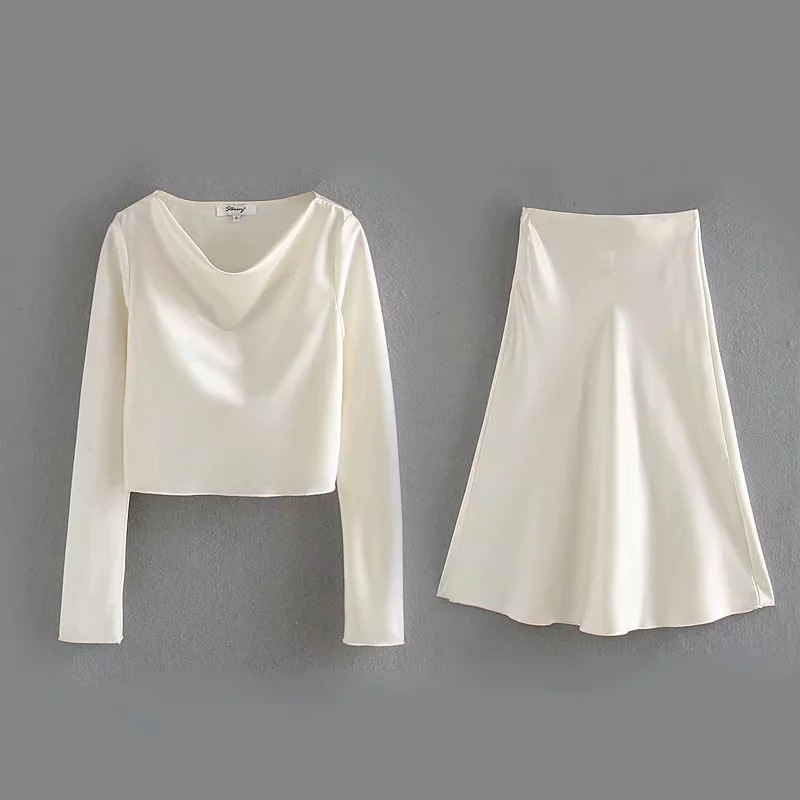 Two 2 Piece Skirt Set Women Outfits Spring Elegant Silk Satin Fashion Long Sleeve Blouse Shirts Long Skirts Matching Sets
