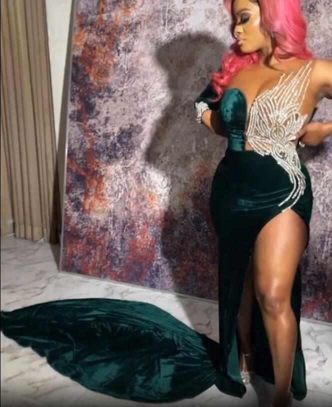 Aso Ebi 2021 Arabic Dark Green Sheath Evening Dresses Beaded High Split Prom Dresses Long Sleeves Formal Party Second Reception Gowns ZJ366