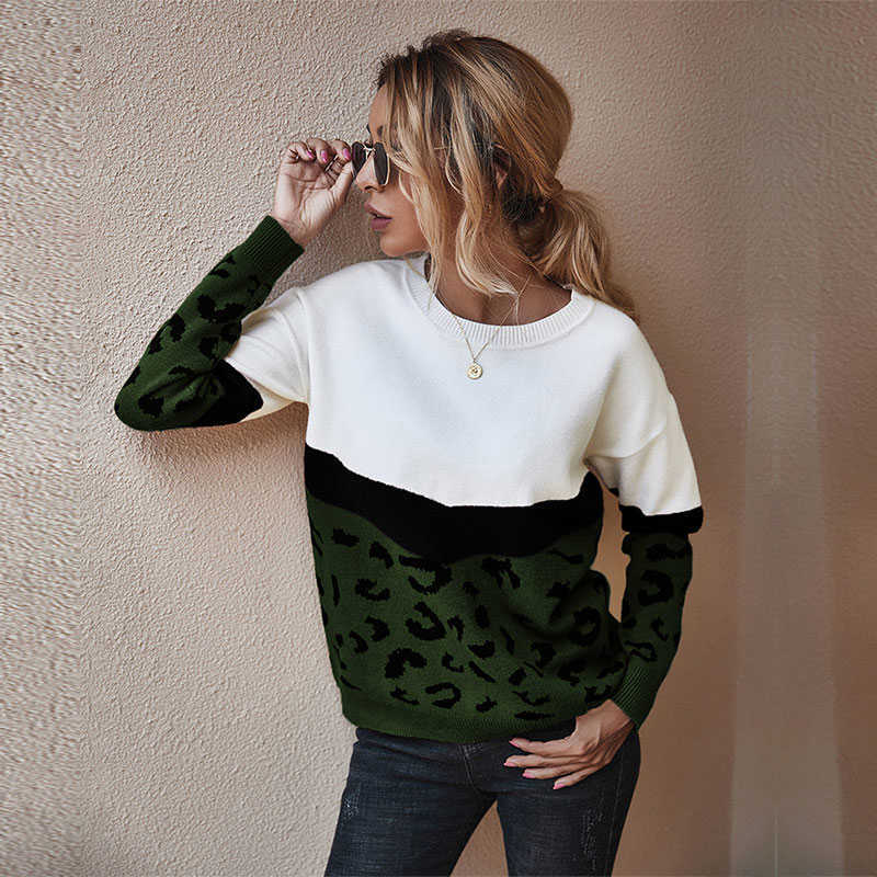Autumn Winter Fashion Leopard Knitted Sweater Women Casual O-neck Full Sleeve Pullovers Top 210918