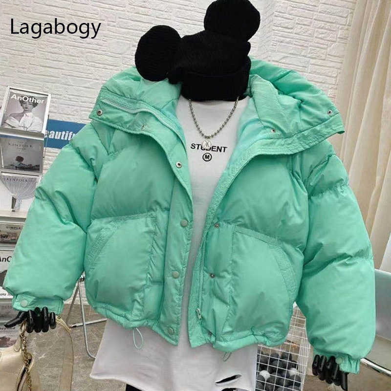 Lagabogy Winter Women 90% White Duck Down Coats Casual Candy Color Warm Bread Jackets Female Hooded Loose Snow Outwear 211018