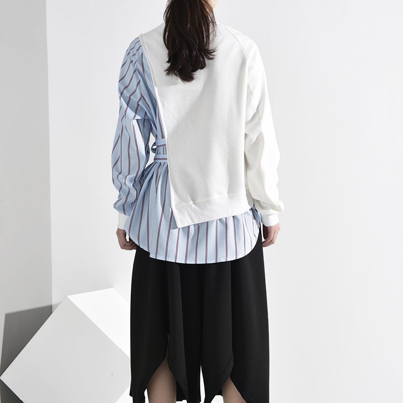 [EAM] Loose Fit Blue Striped Split Bandage Sweatshirt New Round Neck Long Sleeve Women Big Size Fashion Tide Spring LJ201130