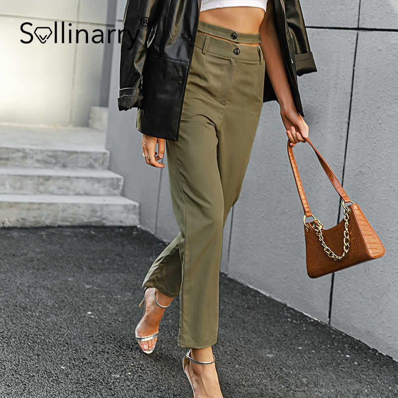 Sollinarry Fashion double waistband hem pants women Retro green loose straight trouser High waist slim leisure summer capris 210709