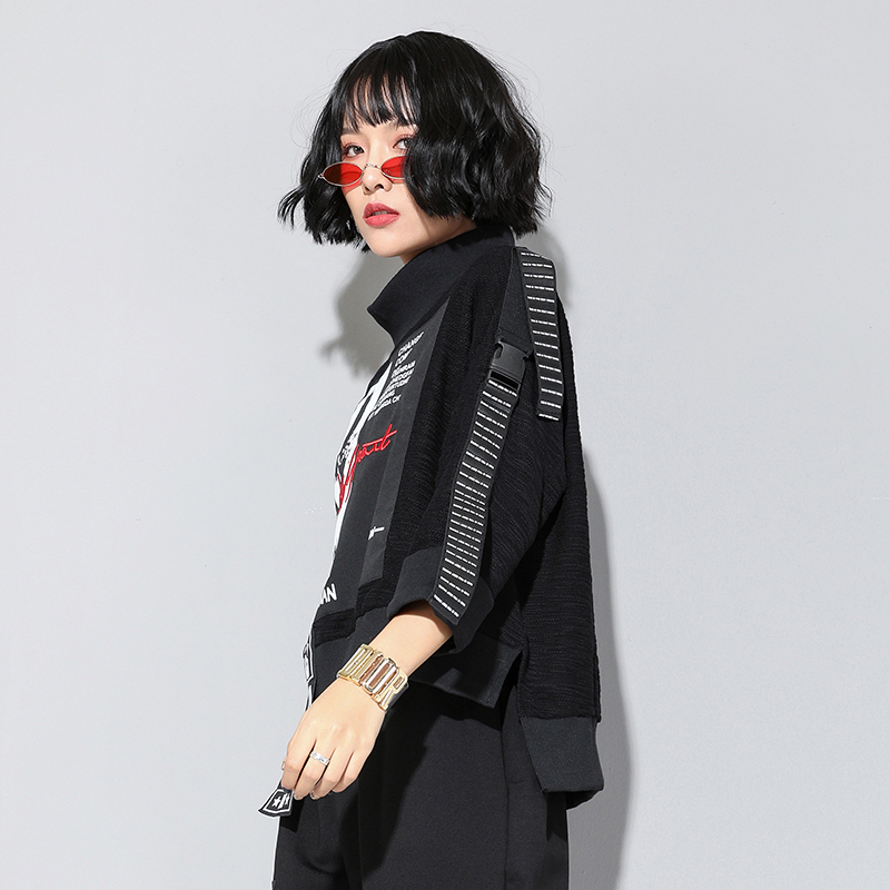 Print Letter Pattern Sweatshirt Women Hoodies Korean Fashion Pullover Patchwork Ribbon Loose Casual Clothes Autumn Winter 201102