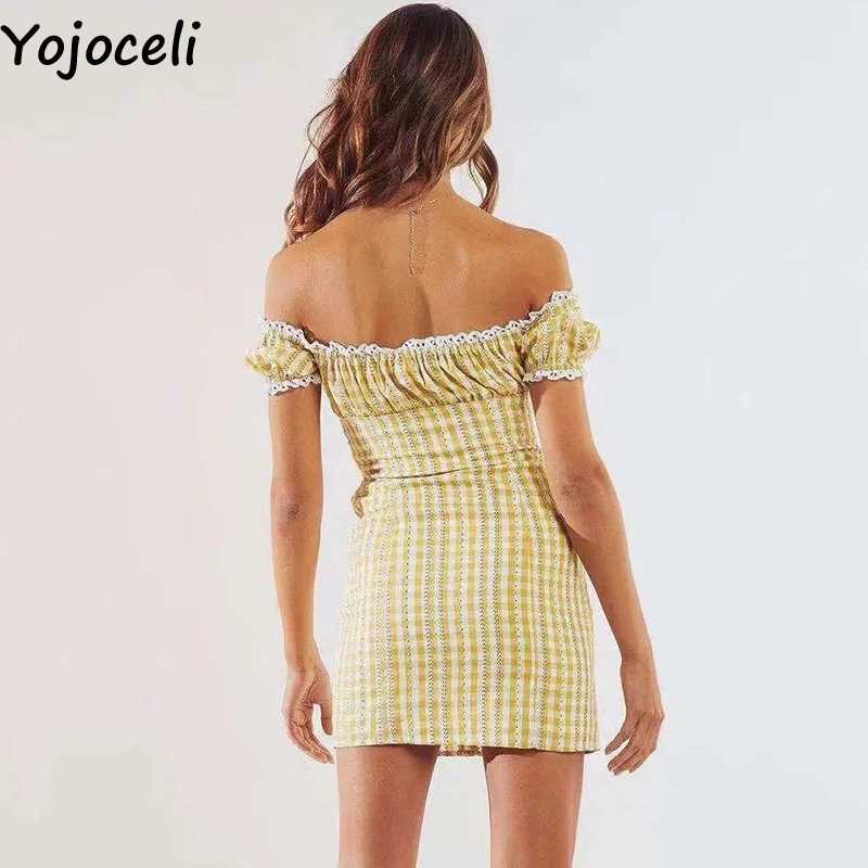 Yojoceli Sexy plaid off shoulder lace short dres Summer elegant casual cool bodycon Beach daily mini vestidos 210609