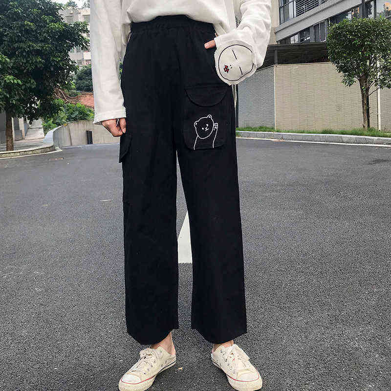Lovely Embroidery Wide Leg Pants Women Casual Harajuku High Waist Loose Fashion Long Female Khaki Black Straight Bottoms 211115