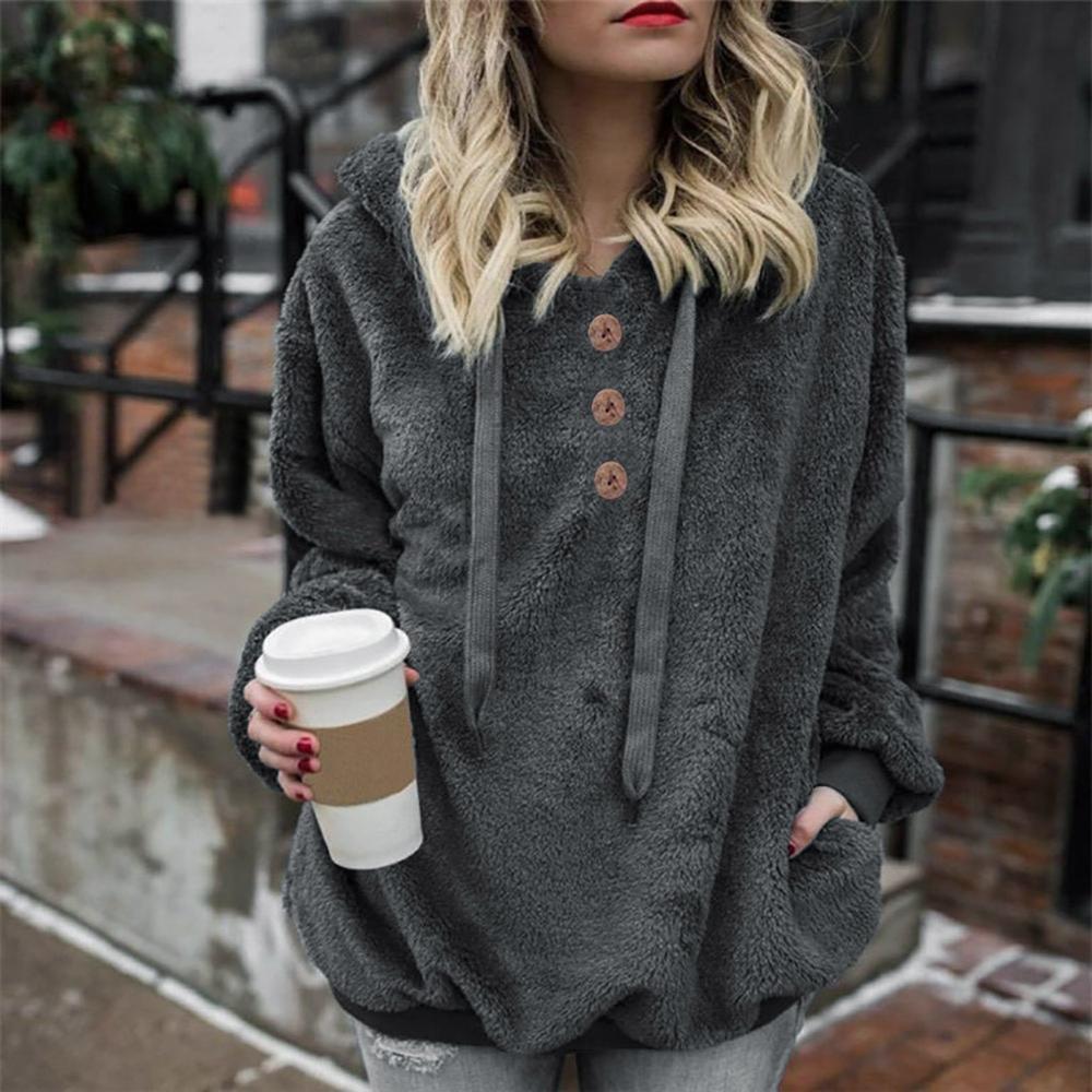 Women Hoodies Sweatshirt Winter Fleece Hoodie Warm Tops Female Solid Button Clothes Ladies Hoody Hoodies Plus Size 201216