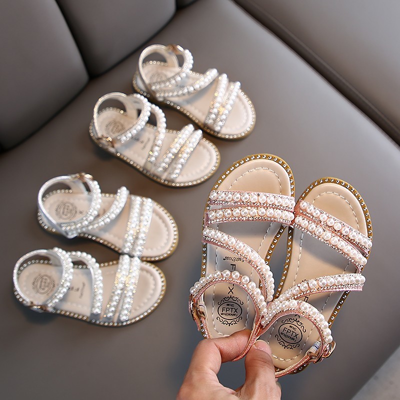 Summer Baby Girls Sandals Toddler Infant Kids Slip On Pearl Crystal Single Princess Roman Shoes For Children Girl 210226