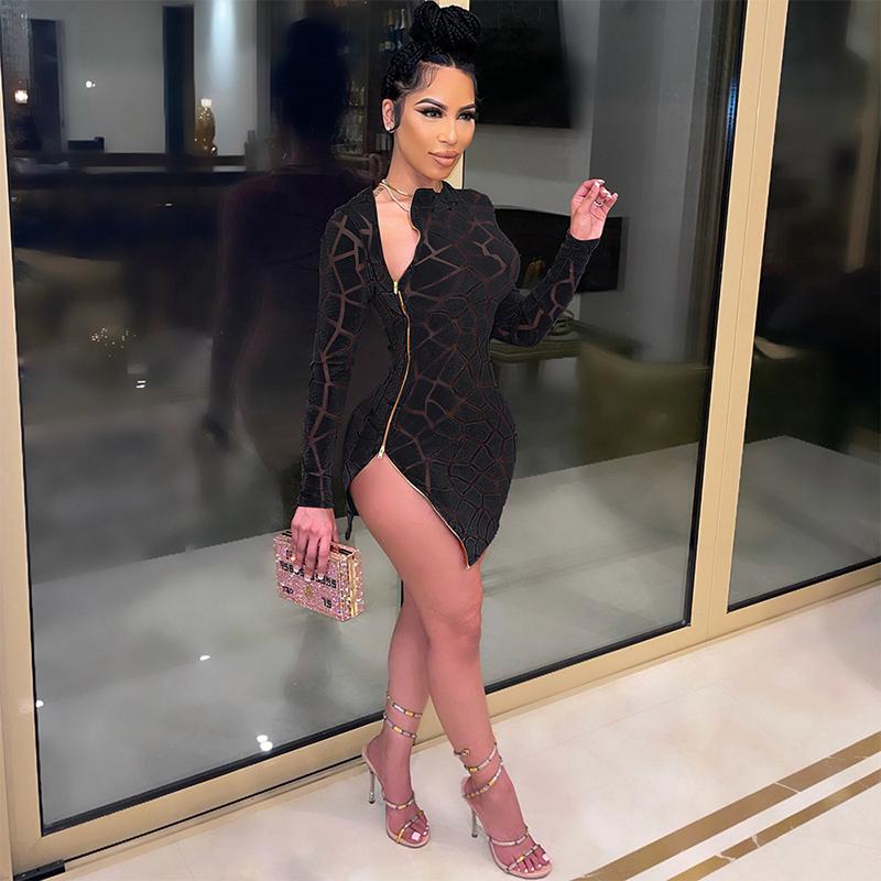 Chic Zipped Mini Dress Royal Blue Womens Long Sleeve Side Slit Skinny Veet Short Party Dresses Birthday Outfits