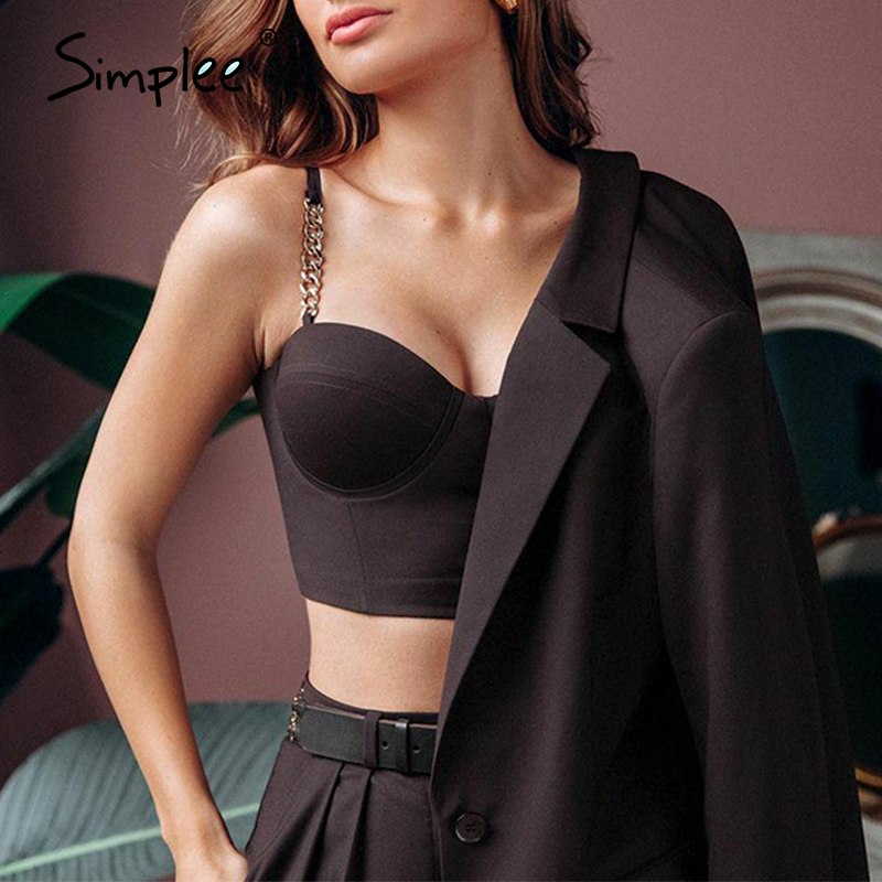 Simplee Sexy club chain sling tops Chic solid color sleeveless crop tops Low Chest Off Shoulder Short Tank tops 2021 210308