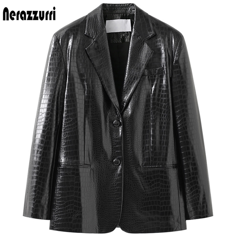 Nerazzurri Spring black reflective print leather blazer jacket for women long sleeve Soft faux 211110
Nerazzurri Spring black reflective print leather blazer jacket for women long sleeve Soft faux 211110