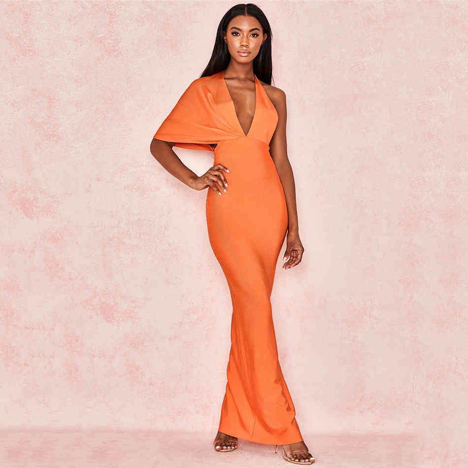 Summer Bandage Women'S Orange Sexy Deep V-Neck Open Back Split Tight Dress Vestidos 210525