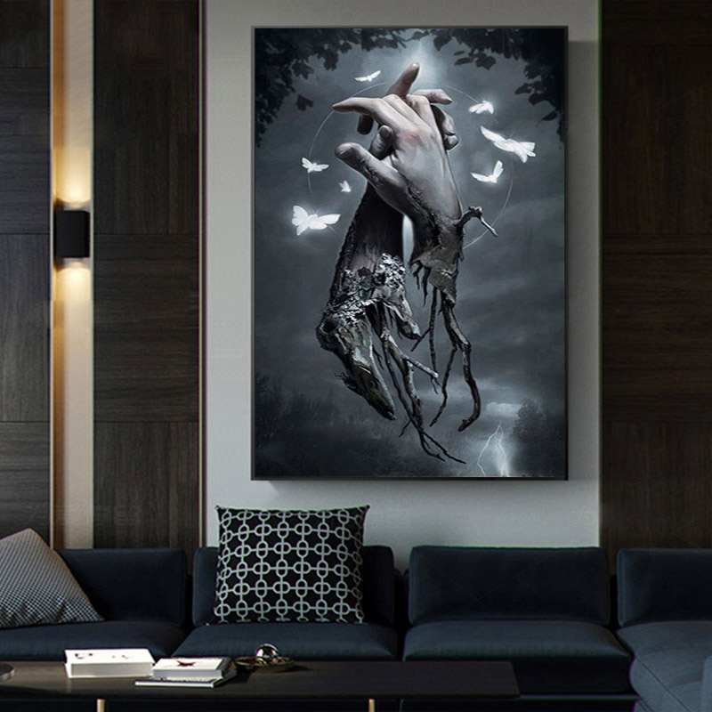 Abstract Hands Canvas Painting Sad Picture Posters and Prints Withered Tree and Finger Wall Paintings for Living Room Cuadros