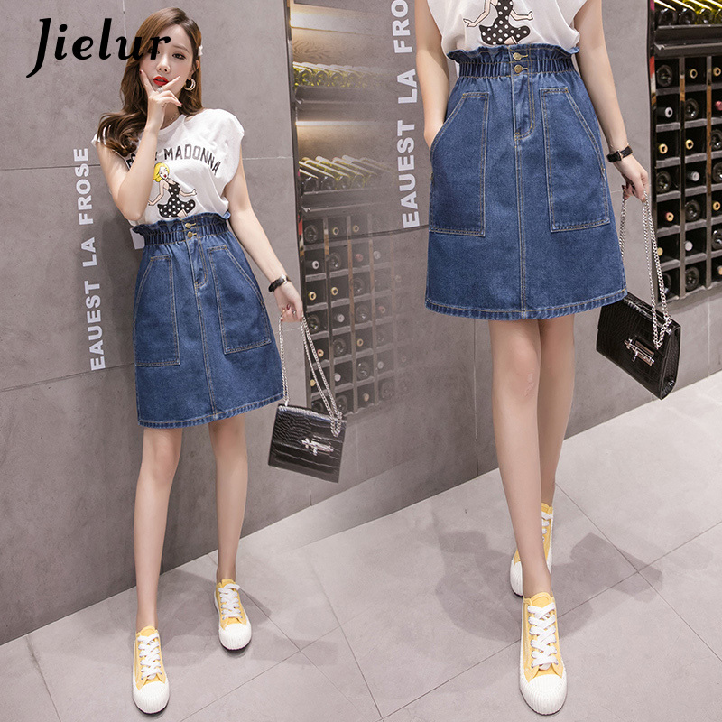 Jielur Plus Size High Waist Denim Skirt Big Pocket Autumn Skirt Simple Women Korean Style Leisure Chic Blue Skirts 210309