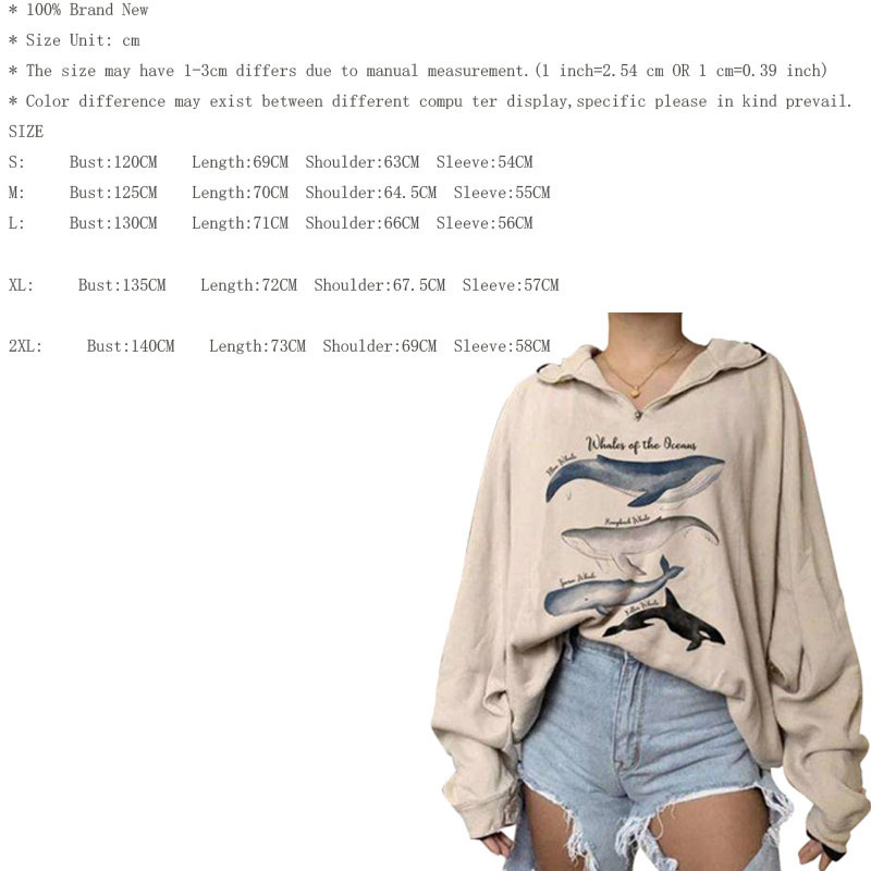 Fashion Women Hoodie Whales Print Loose Hoodies Personality Printed Women Sweatshirts Zipper Graphic Hoodie Pullovers 201202