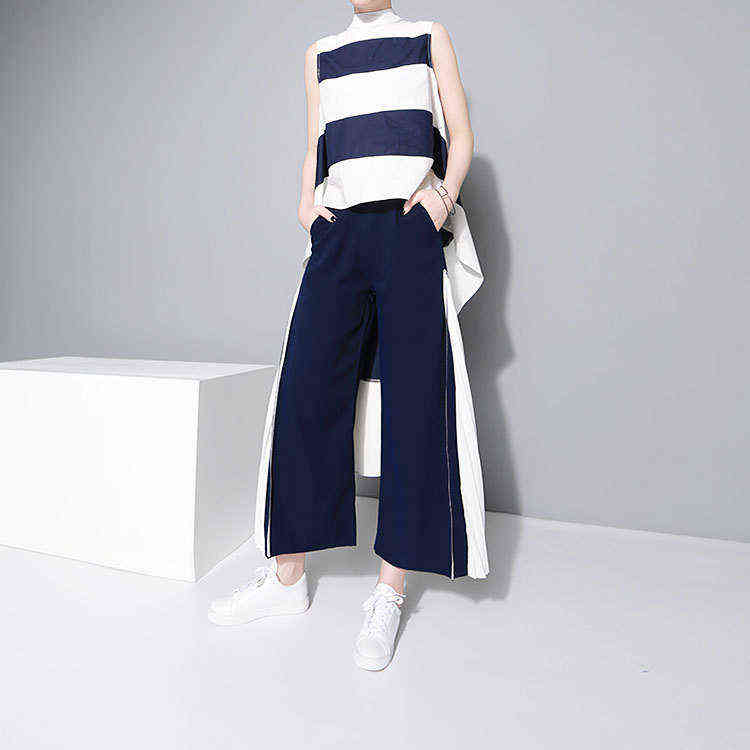 Spring High Waist Blue Side Pleated Split Joint Hit Color Loose Wide Leg Long Pants Women Trousers Fashion JO562 211115
