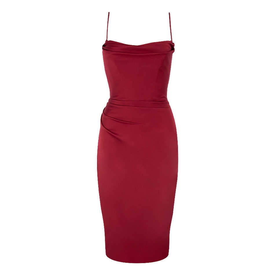 Ladies Sexy Spaghetti Strap Midi Dress Elegant Burgundy Club Party Halter Skinny Celebrity 210527