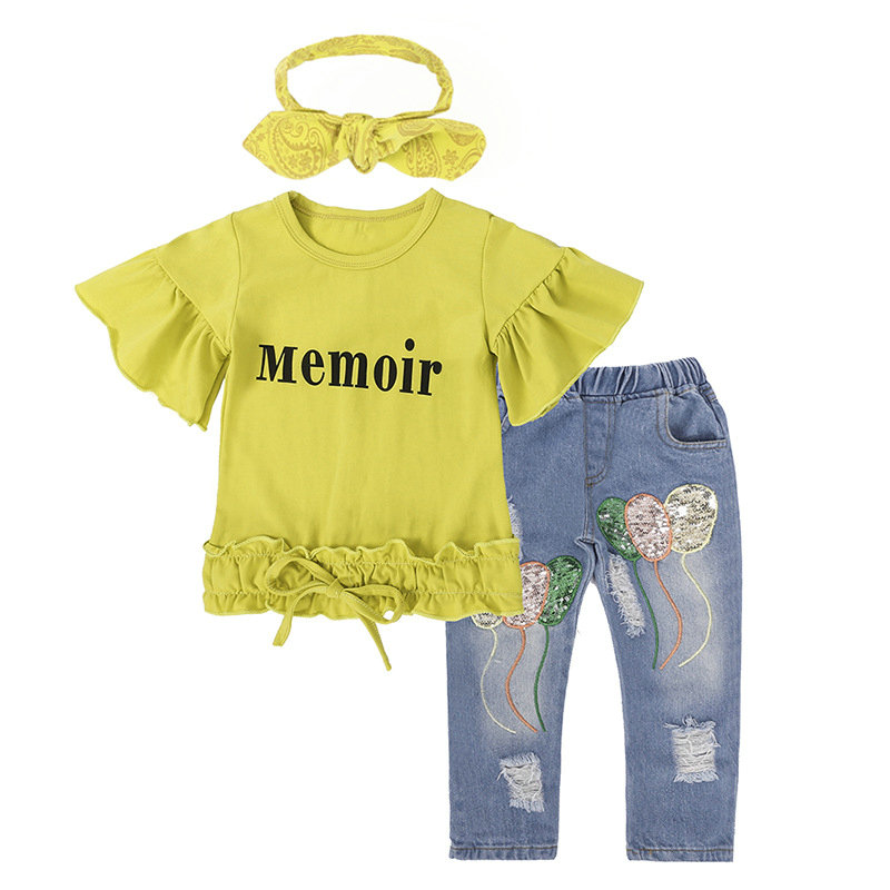 Toddler Tracksuits Baby Girls Kids Clothes Set Printed Top T Shirt Hole Denim Shorts+ Bow Headband Clothing Sets 2023 Summer Outfits 3PCS Sets
