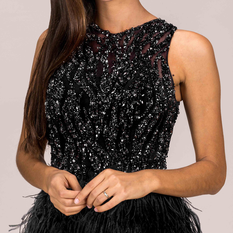 Sexy Black Feathers Cocktail Dress Sheer with Beading Top Summer Party Dresses