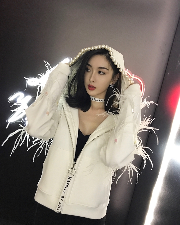 GETSRING Women Sweatshirt Irregular Pearl Feather Patchwork Hoodies Women Black White Casual Sweatshirts Women Fashion 201203