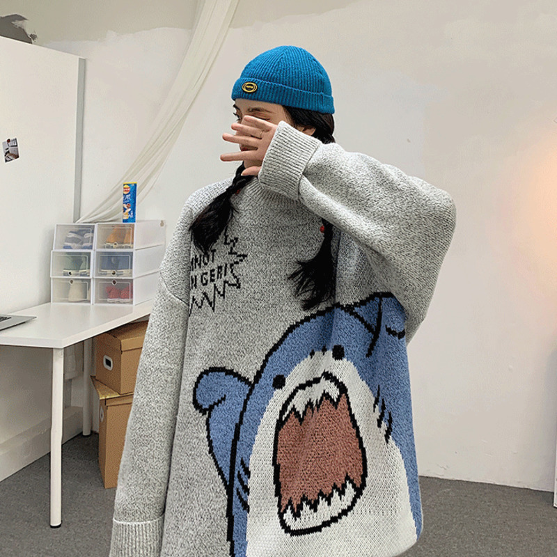 Autumn Winter Harajuku shark Knitting Warm Sweater Casual Long Women Tide Printed Sweater Loose Boyfriend Pullovers Oversized 210218