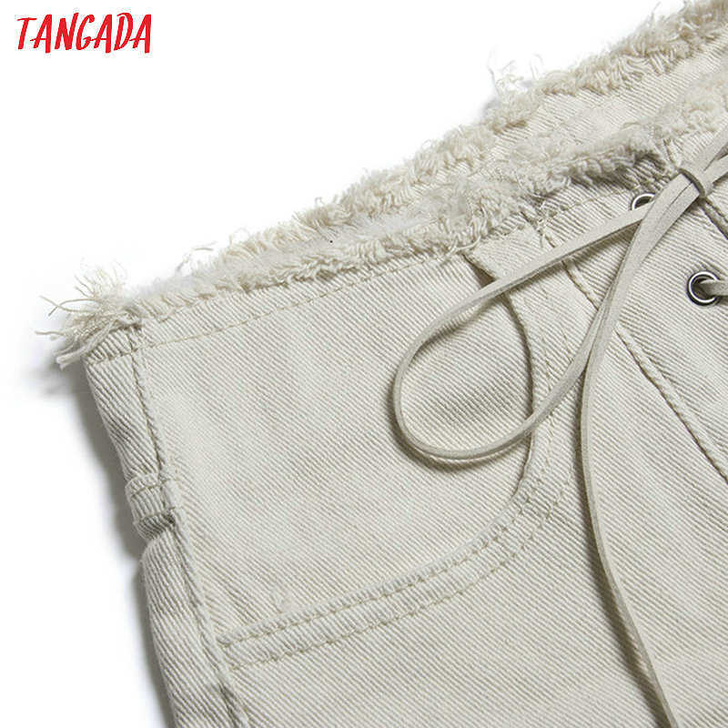 Tangada women stylish summer denim shorts lace up high waist pockets female casual streetwear white short jeans pantalone 2A19 210714