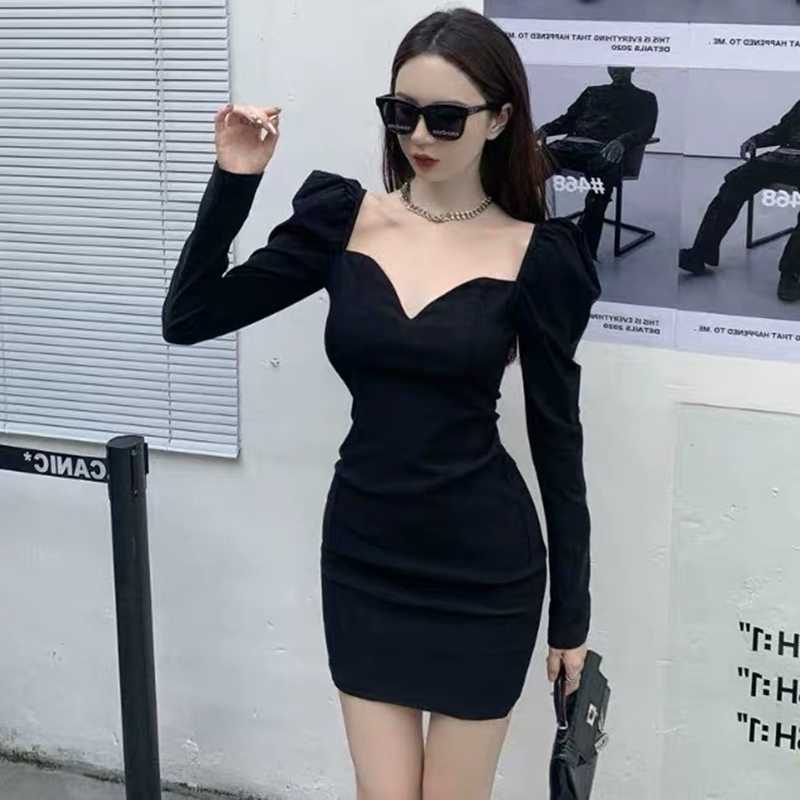 black vintage dres french slim long sleeve high waist mini square collar autumn 210604
black vintage dres french slim long sleeve high waist mini square collar autumn 210604
