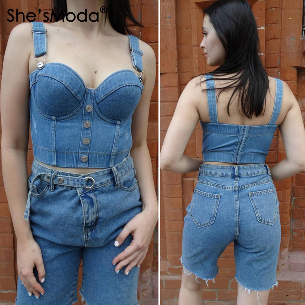 She'sModa Denim Jeans Scratched Women's Button Diamonds Ripped Push Up Bustier Night Club Party Crop Top New Corset Camise 201028