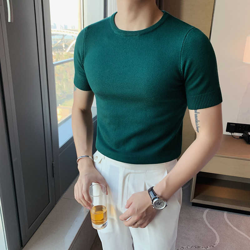 6Colors Spring Short Sleeve Men Knitted Sweaters Casual Fashion Round Collar Slim Fit Pullovers Solid Plus Size 4XL-M 210813wtt