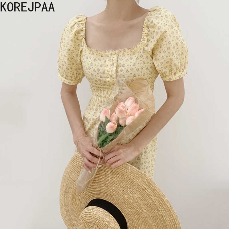Korejpaa Women Dress Summer Korean Chic Small Fresh Square Collar Floral Single Breasted Puff Sleeve Waist Slimming Vestido 210526, Yellow 
Korejpaa Women Dress Summer Korean Chic Small Fresh Square Collar Floral Single Breasted Puff Sleeve Waist Slimming Vestido 210526, Yellow