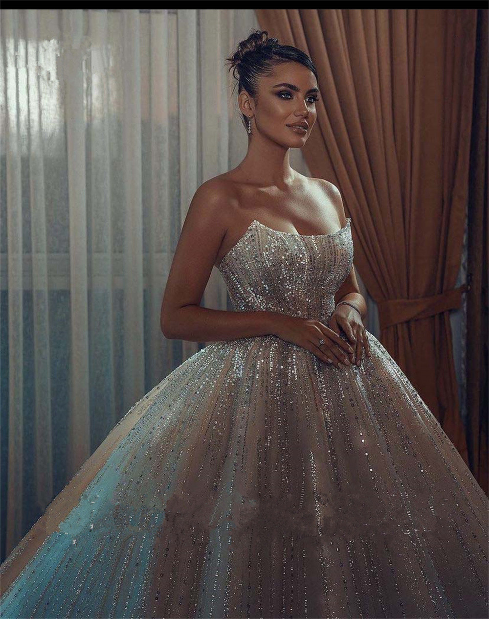 urious Beading Sequins Wedding Dresses Strapless Ball Gown or Length Custom Made Formal Bridal Dress Vestido De Novia