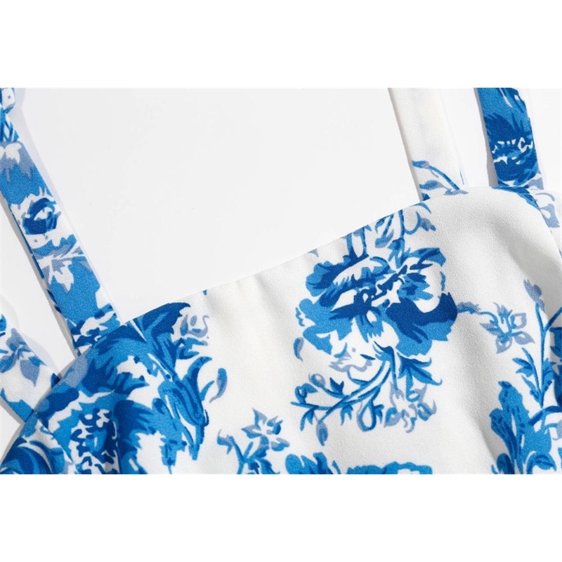 Tie Bow Strap Blue White Floral Print Camis Women Summer Ruched Short Tank Tops Retro Cool Girl Sexy Slim Crop Top Tees 210316