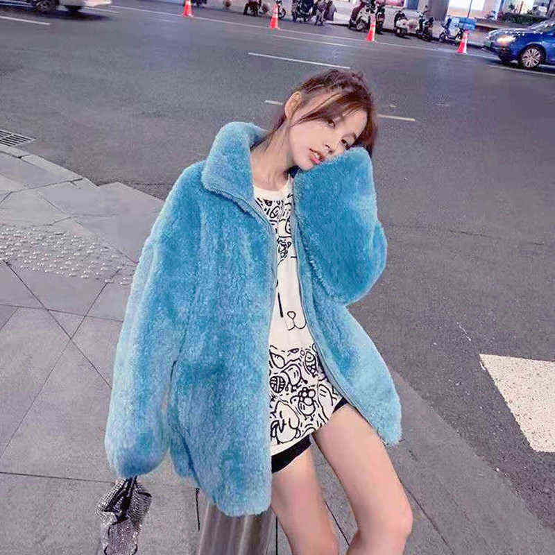 Lucyever Autumn Winter Faux Fur Coat Women Fashion Warm Soft Zipper Lamb Fur Jackets Fluffy Cozy Loose Outerwear Female 211123