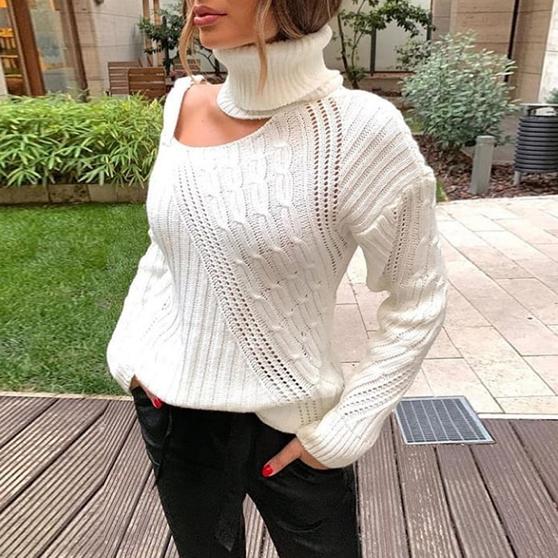 TWOTWINSTYLE Elegany Asymmetrical Women Sweater Turtleneck Long Sleeve Hollow Out Irregular Striped Knitting Sweaters For Female 210218