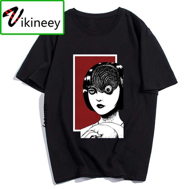Men Clothes Junji Ito Print Man's T-shirt Harajuku Short Streetwear Aesthetic Anime Shirt Cotton Black Tshirt 210629