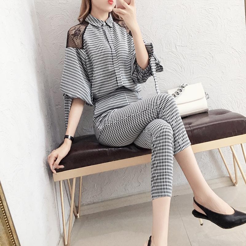 Women's Tracksuits Office Lady Plaid 2 Piece Set Women Lantern Sleeve Conjunto Feminino Lattice Ensemble Femme Deux Pieces Work Woman Suit
