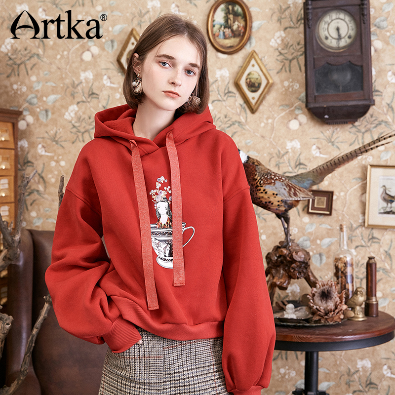 ARTKA Autumn and Winter New Preppy Style Casual Loose Hooded Pullover Print Women's Sweatshirt VA10285D 201217