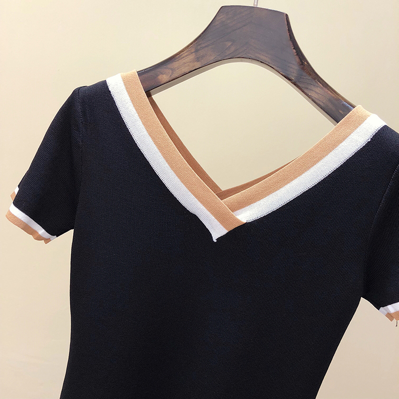 VNeck T Shirt Women Tshirt Contrast Color Striped Knitted Summer Top TShirt Woman Clothes Tee Shirt Femme Camisetas Mujer T200614