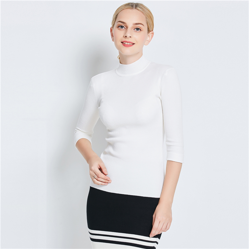 Autumn Three Quarter Sleeve Sweater Slim Solid Color Turtleneck Pullovers Sweaters Europe Style Elegant Spring New Sweater 210218