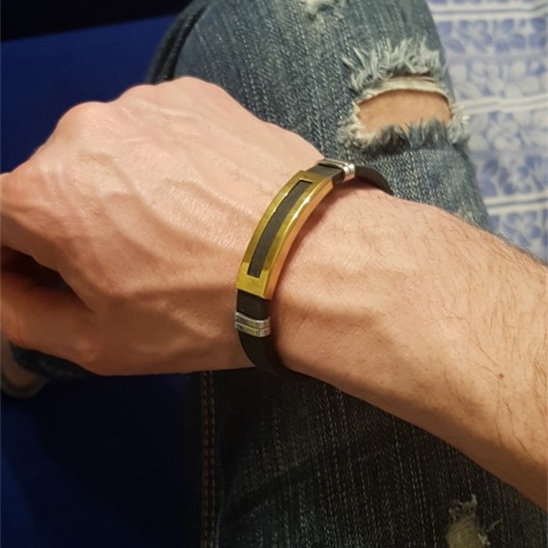 FGifter Fashion Golden Stainless Steel Cuff Bracelet Black Silicone Bracelet Ladies Men Girls Boys Jewelry Accessories Gifts X0706