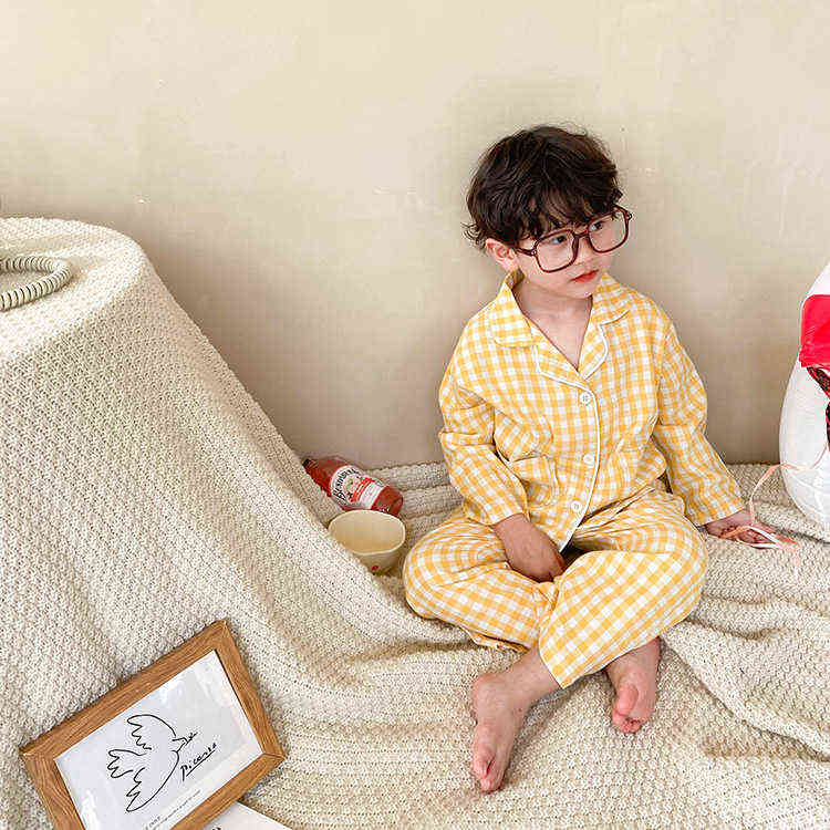 Children cotton soft Pajama Sets boys and girls plaid leisure wear 2pcs sets unisex loose dressing gown 211130