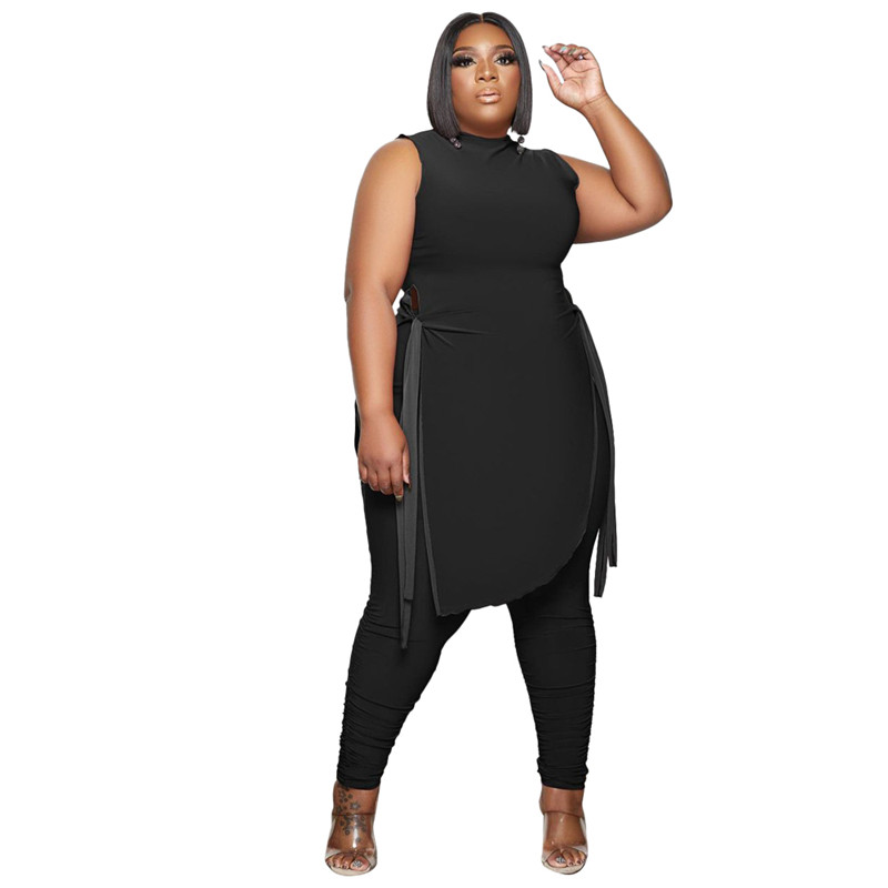 Plus Size 3XL 4XL Women Two Piece Set Matching Tracksuits Long Style Sleeveless Sweatshirt Tops Stacked Leggings Casual Sports suits Solid Fall Clothe