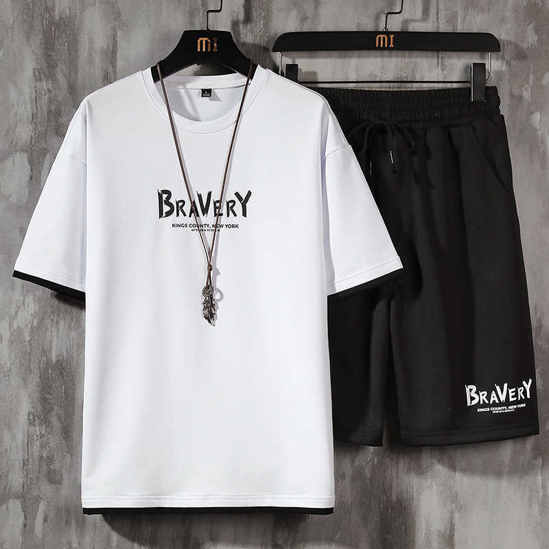 Casual Men's Sets Summer Tracksuit Mens Print Short Sleeve T-shirt 2 Piece+Shorts high Quality Short Set Fashion Sportswear 5XL 210603