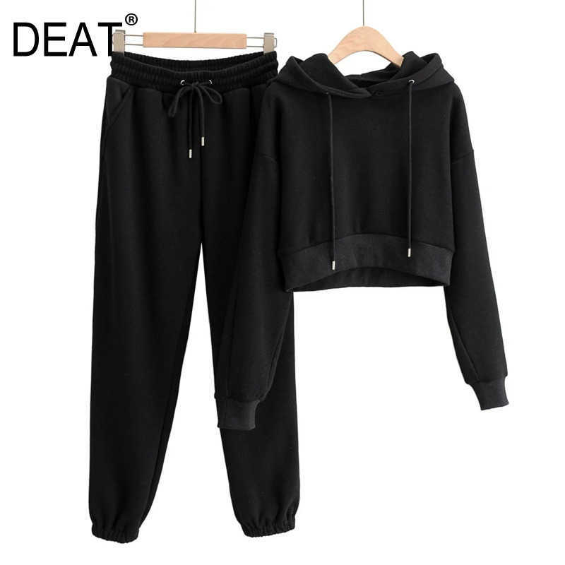 DEAT Spring Autumn Women Arrival Fashion Temperament Hooded Long Sleeve Plush Sweatshirt Pants Two Piece Set RD790 210709
