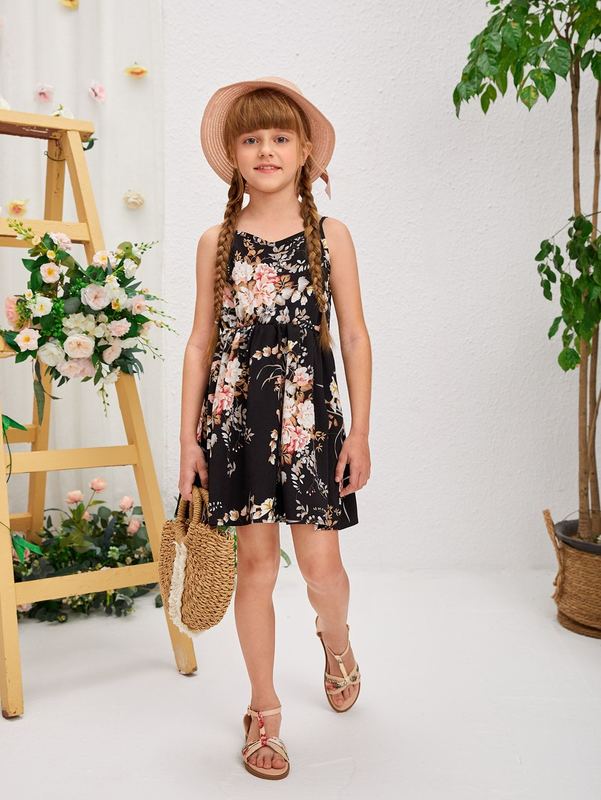 Girls High Waist Floral Print Cami Dress SHE