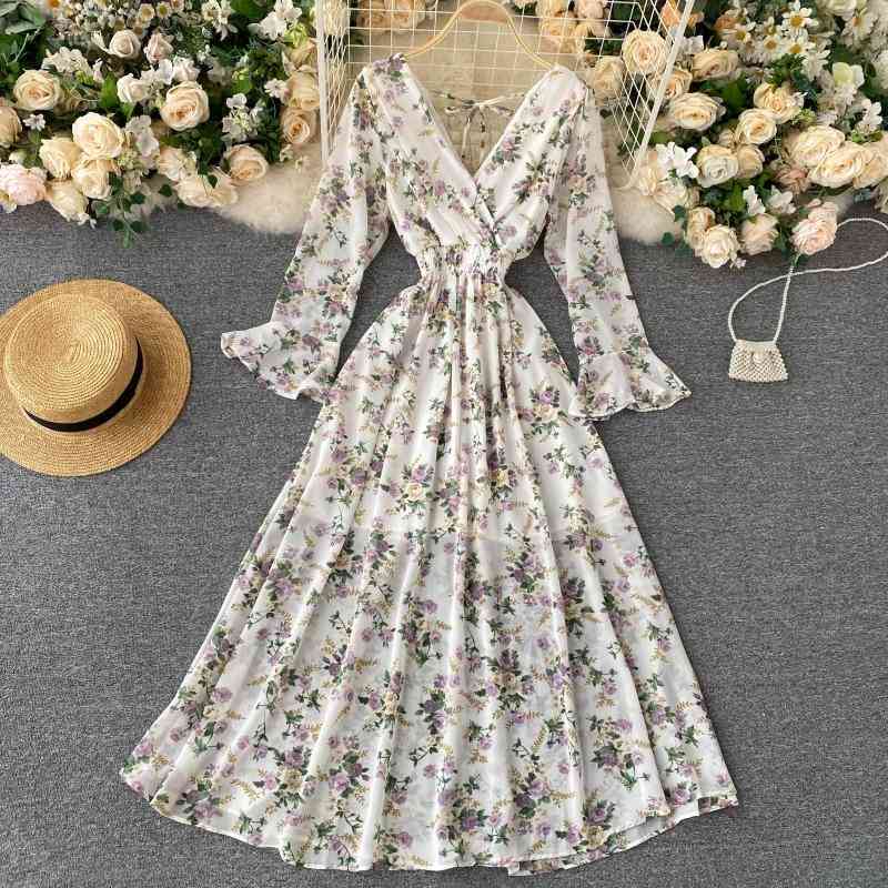 Women Sexy Boho Dress Spring Autumn Long Sleeve V Neck Backless Long Dresses Ladies Vintage Floral Printed Dress 210630