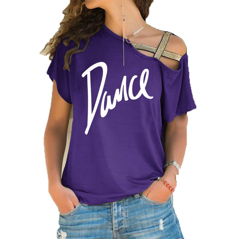 Women Tshirt Loose Slash Neck T Shirt Ladies Casual Letter Dance Tshirt Summer Casual Irregular Skew Cross Bandage Tops Tee T200614
