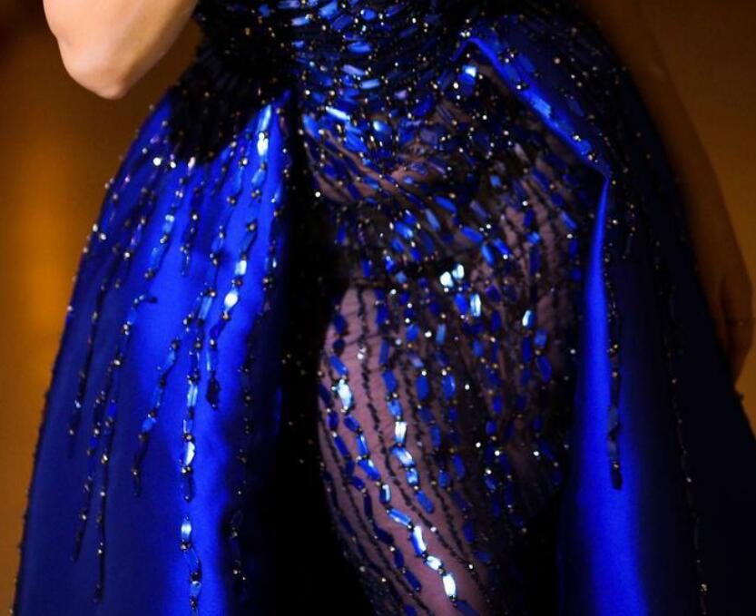 aso ebi arabic royal blue luxurious evening dresses beaded crystals prom dresses sheer neck formal party second reception gowns zj062