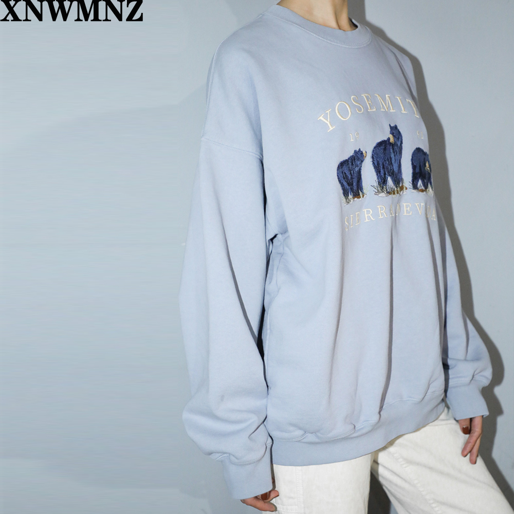 Oversize girls embroidery blue sweatshirts autumn fashion ladies elegant loose pullovers female cute sweatshirt women chic 201102