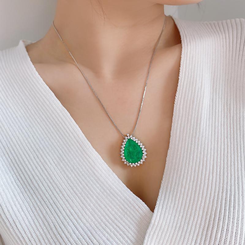 

Chains Romantic Sterling 925 Silver Paraiba Tourmaline Emerald Stone Pendant Necklace Lab Cubic Zircon Fine Jewelry Gift Women