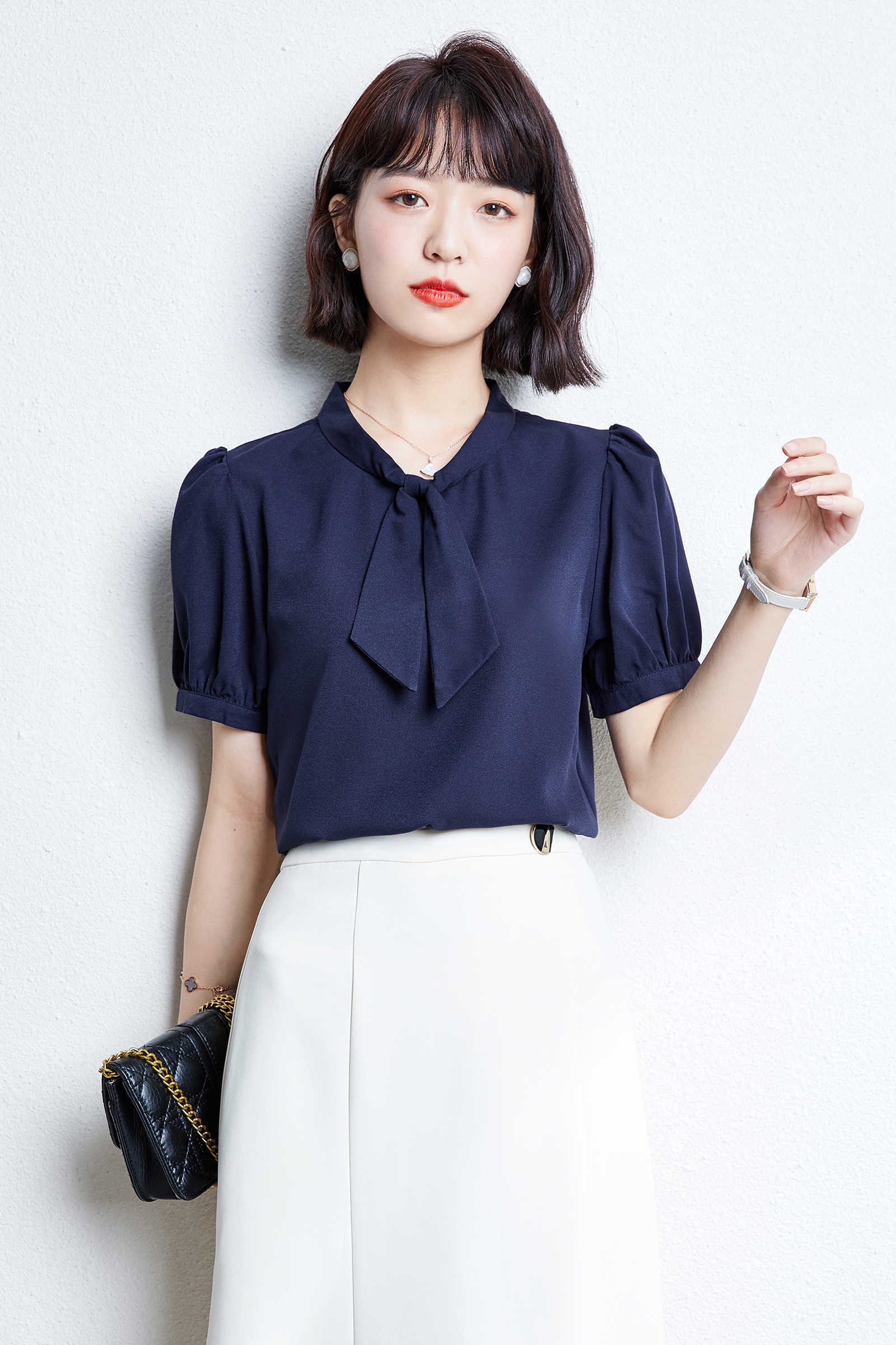 Korean Fashion Summer Chiffon Women Shirts White Short Sleeve Blouses Ladies Plus Size XXL Navy s Tops and 210531